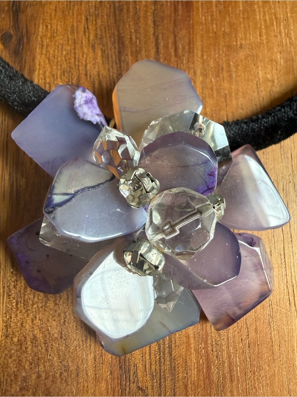 New Chico's Black Velvet Choker with Lavender Flower Gemstone Cluster Floral - Picture 2 of 9